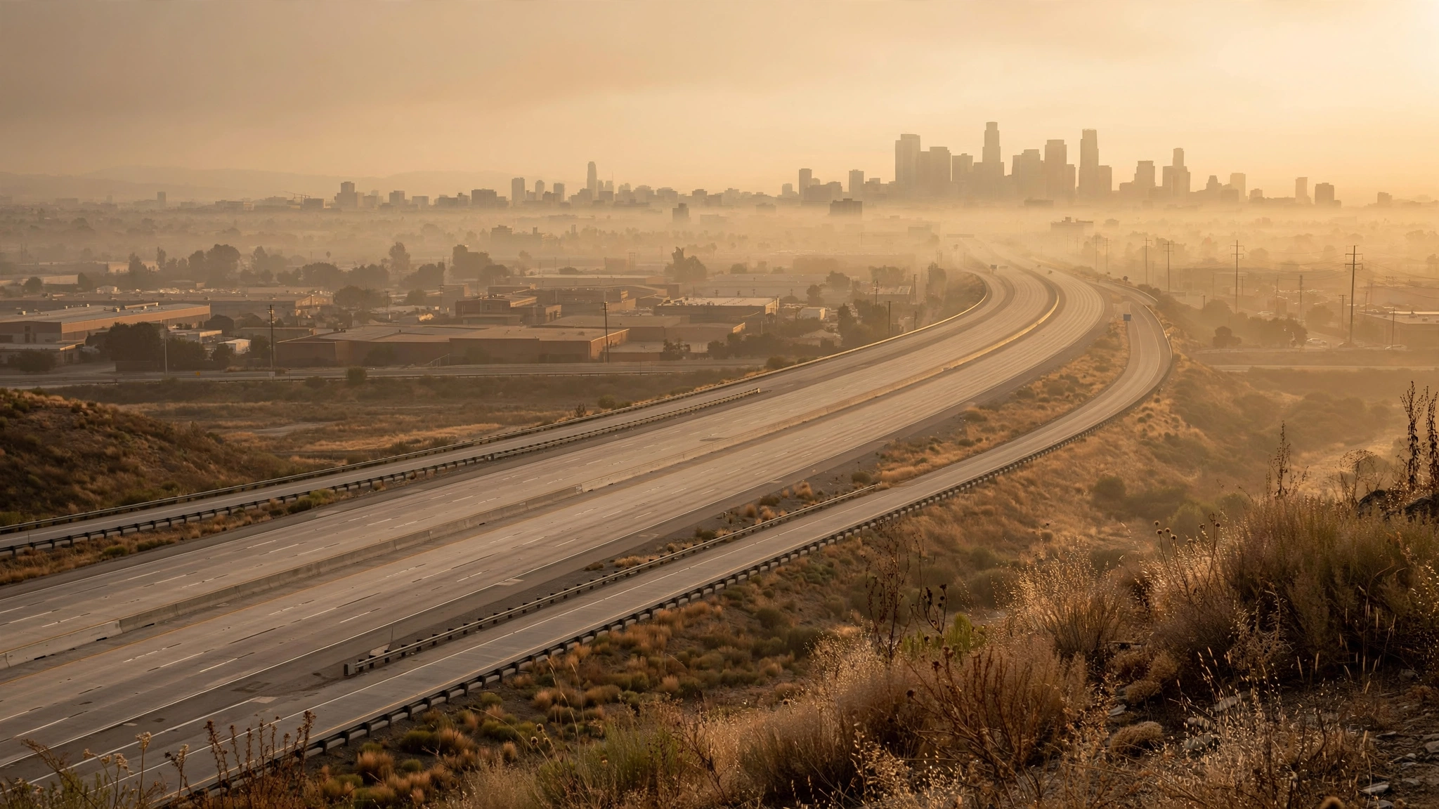 Smog-filled urban skyline with highway traffic visible below a hazy layer of particulate pollution