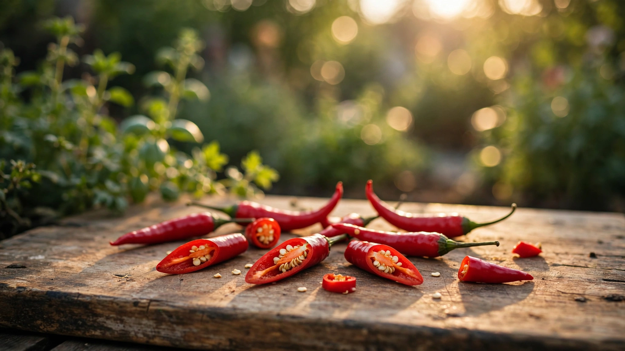 Fresh red chili peppers drying on a weathered wooden table in warm golden afternoon light