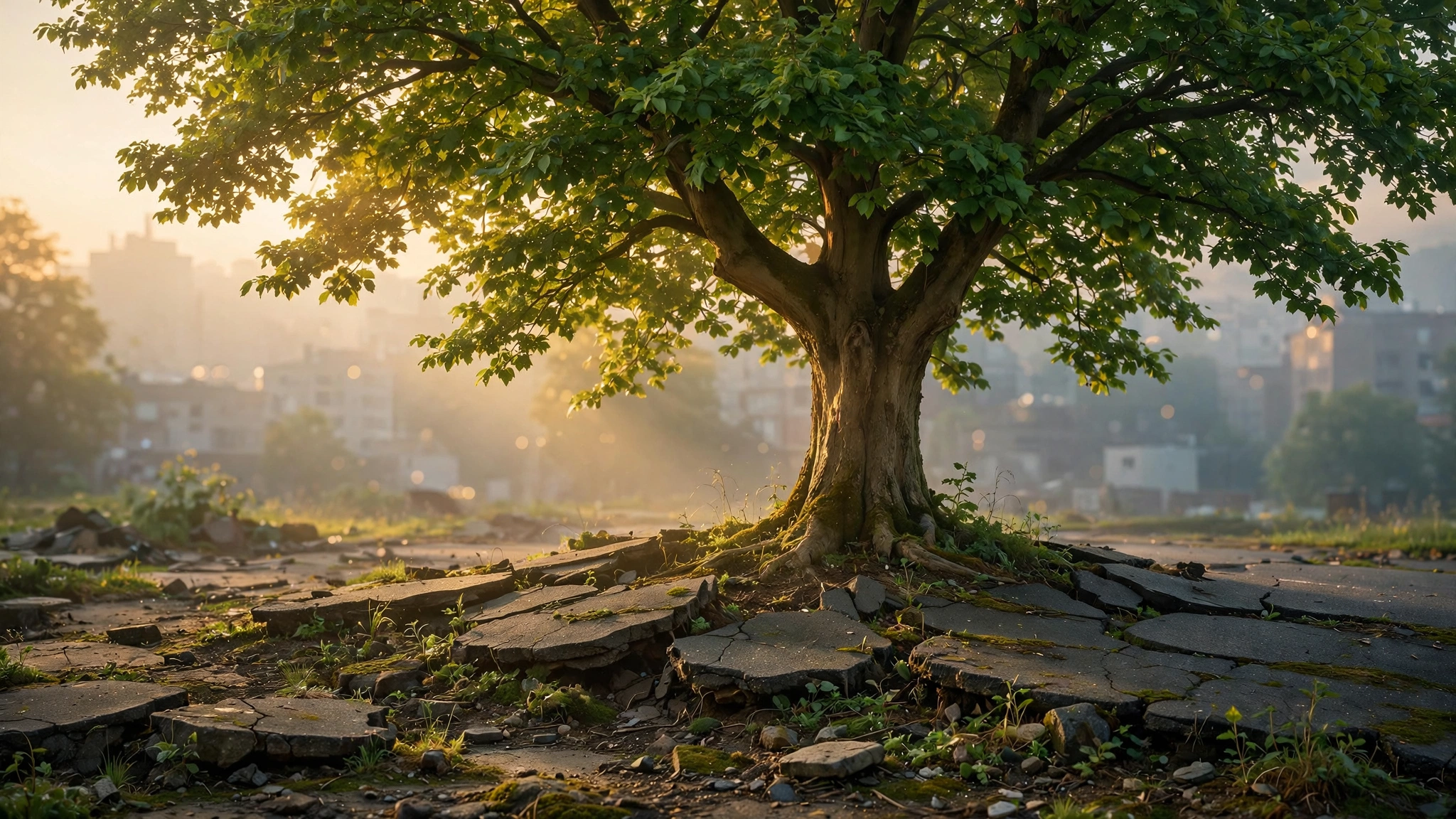 A mature deciduous tree growing through cracked asphalt in an urban setting with golden morning light filtering through its lush green canopy