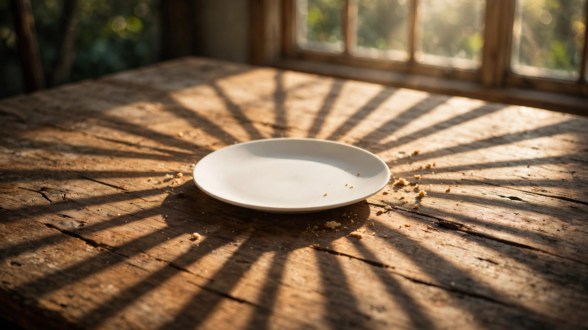A clean white plate sits on a weathered wooden table in warm golden morning light