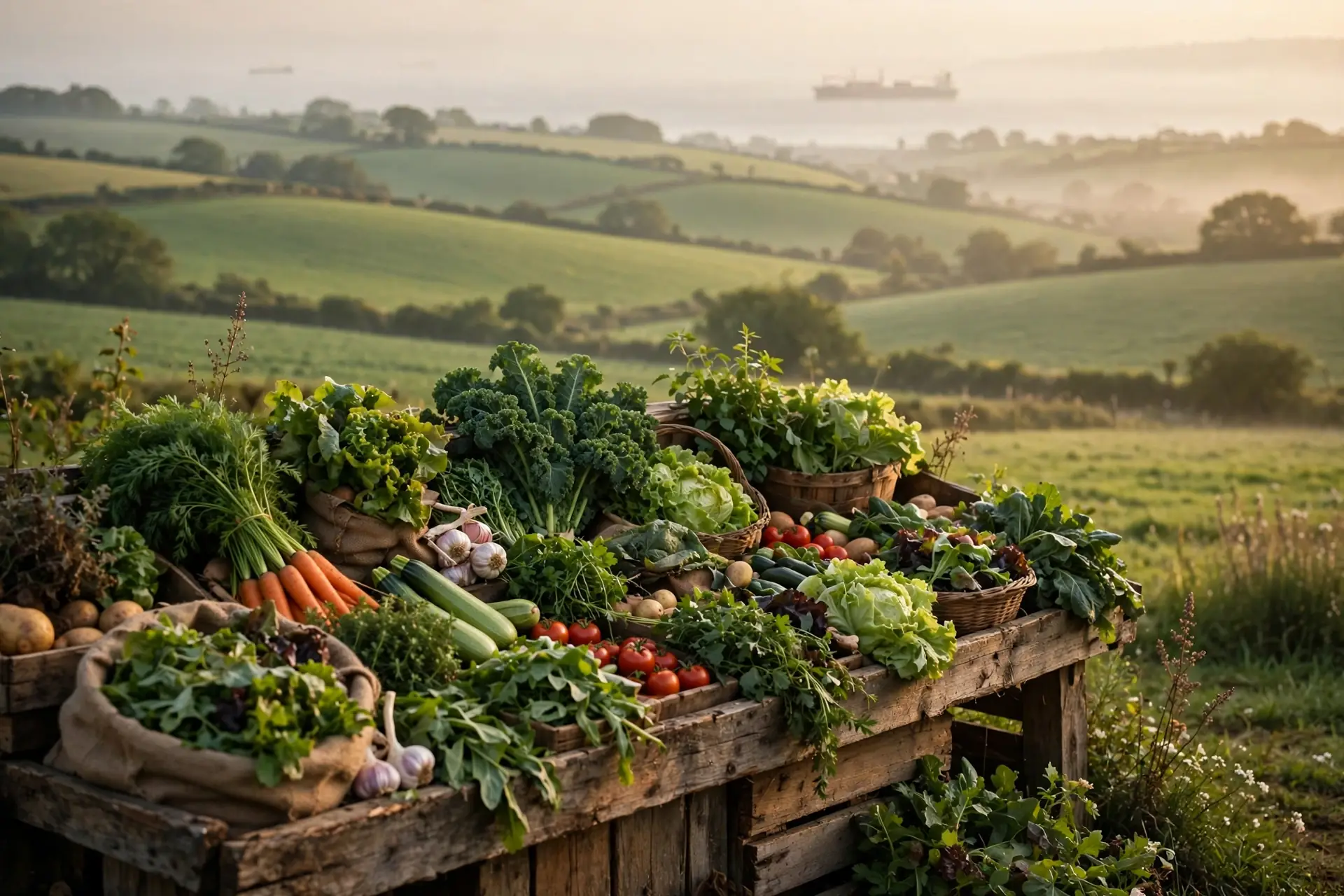 Wooden farm stand piled with fresh vegetables in golden morning light, green rolling farmland behind, a cargo ship faint on the distant horizon, earthy greens and warm creams