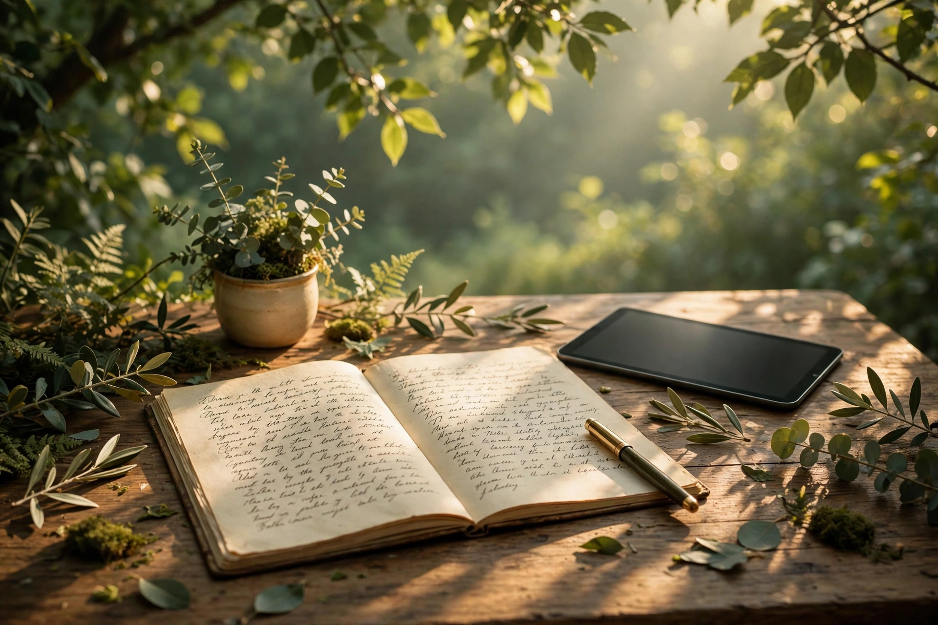 Wooden desk in soft morning light with open notebook showing handwritten cursive, fountain pen resting on paper, earthy greens warm creams