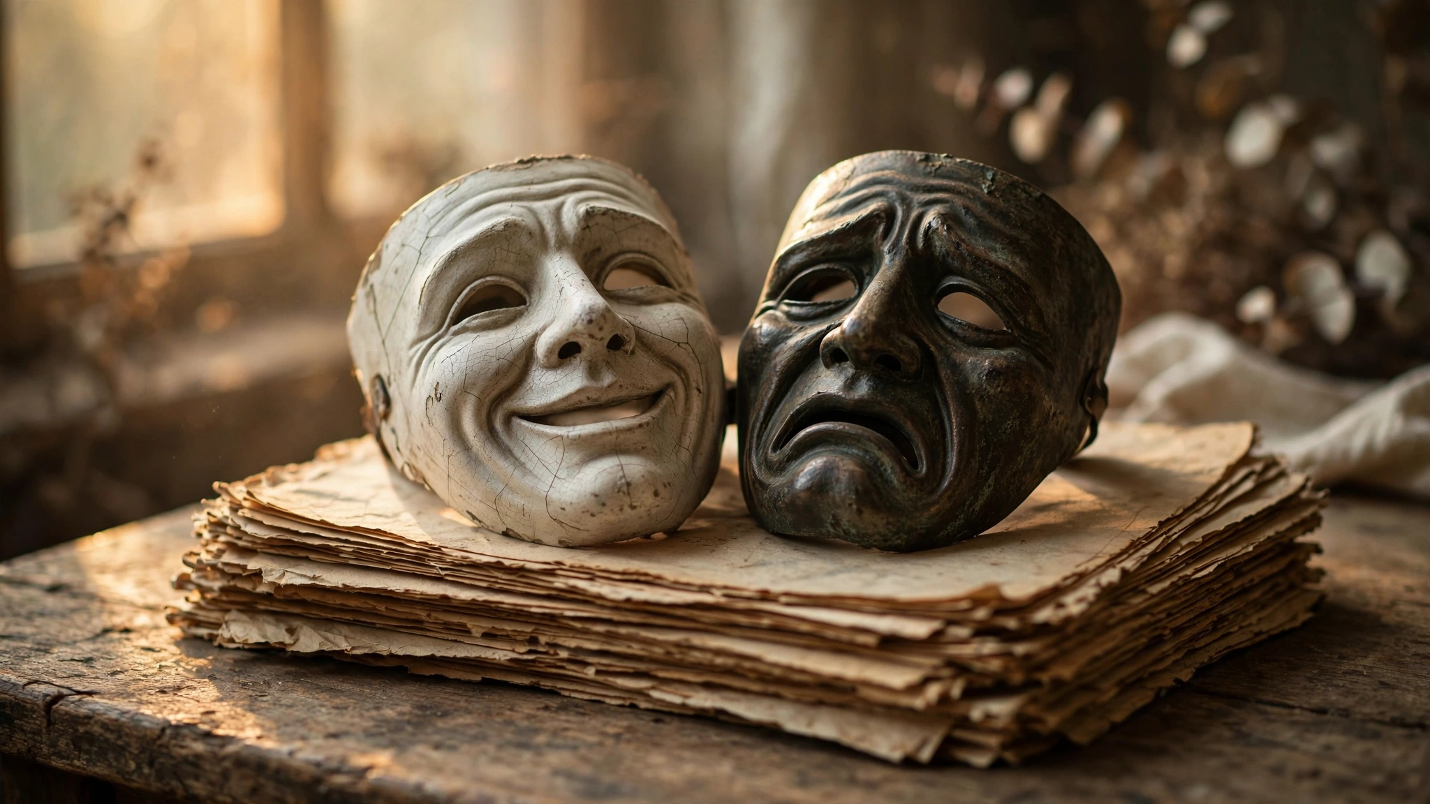 Two weathered theatrical masks resting on aged paper in soft amber light, one bright and one shadowed