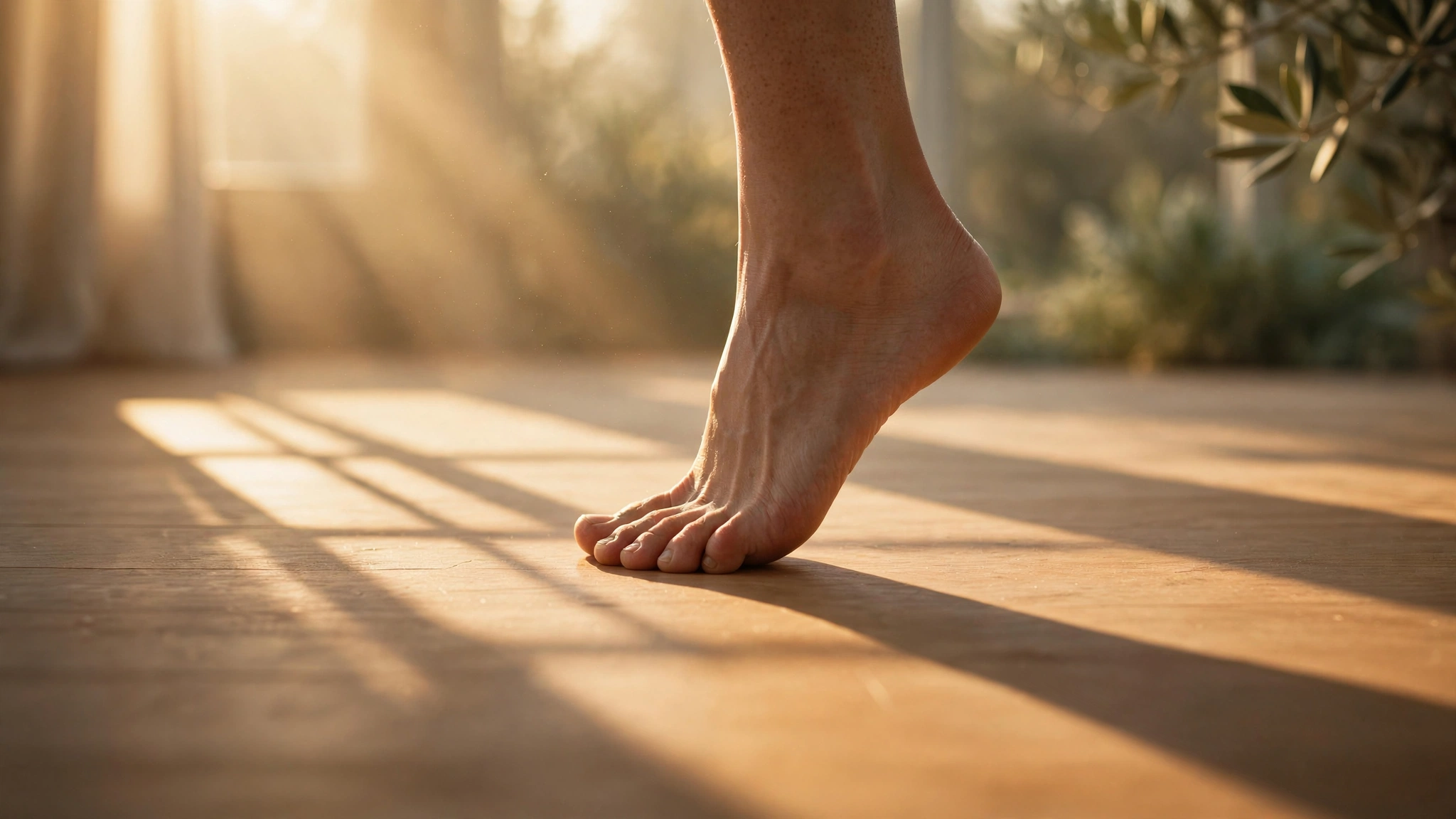 A single bare foot balanced on a smooth wooden floor at dawn, soft golden light casting a long angular shadow across the warm grain