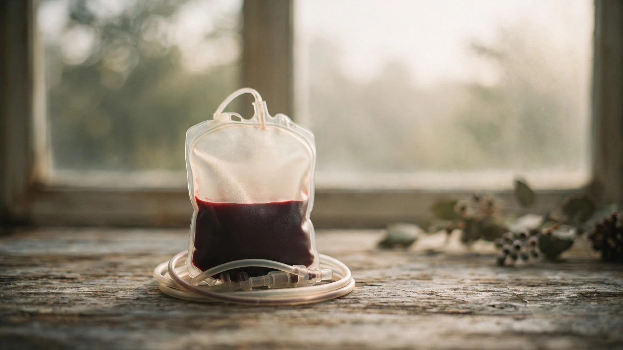 A half-empty blood donation bag resting on a weathered wooden surface in soft morning light