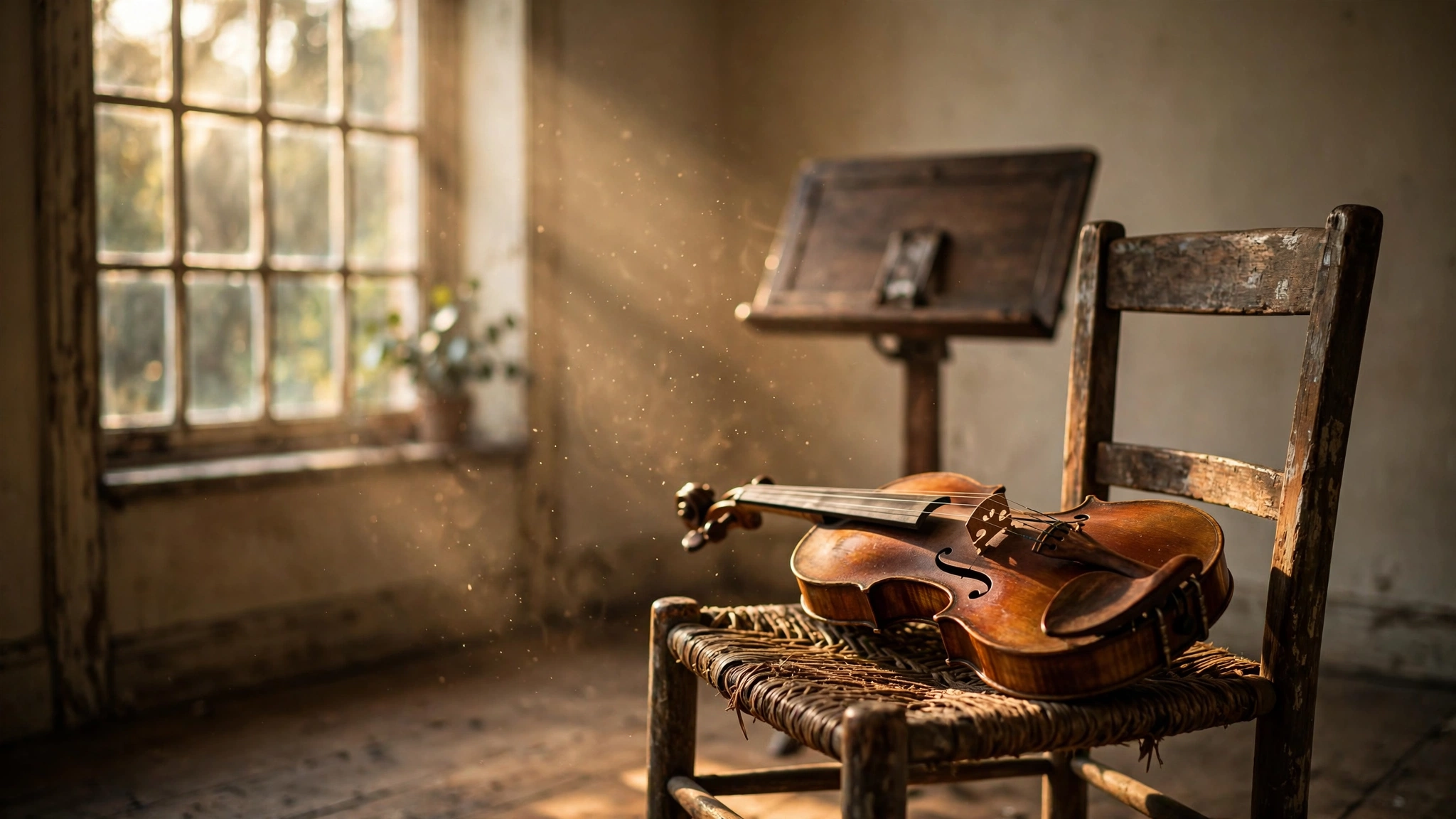 A solitary violin resting on a worn wooden chair in an empty practice room, late afternoon golden light streaming through a tall window