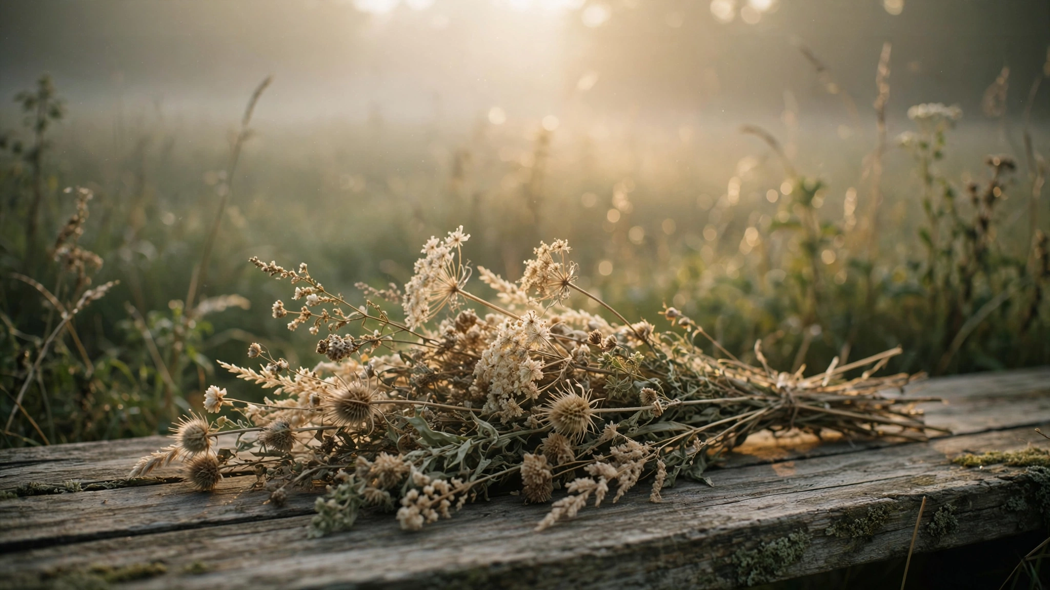 Dried wildflowers and botanical stems on a weathered wooden surface backlit by soft golden morning light