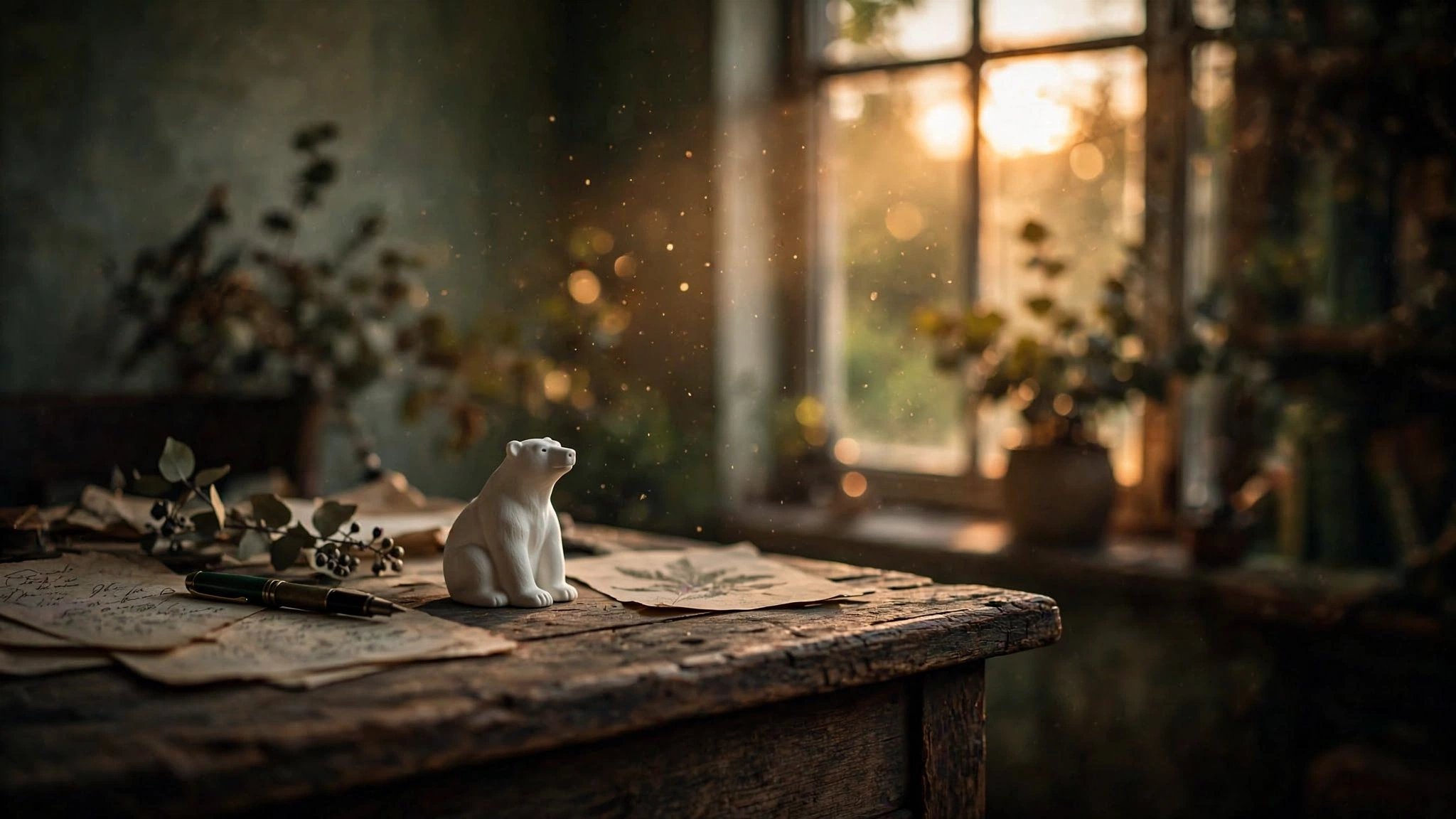 A small white bear figurine on a weathered desk in warm amber study light