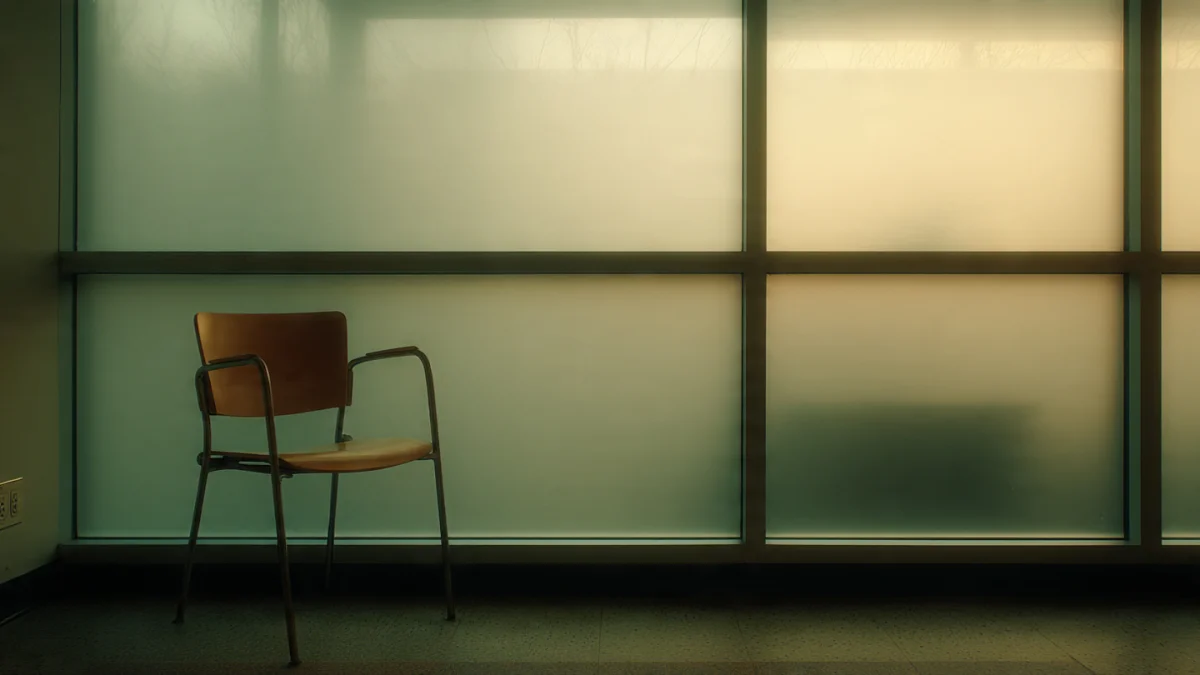 An empty chair in a bare institutional room with soft diffused morning light