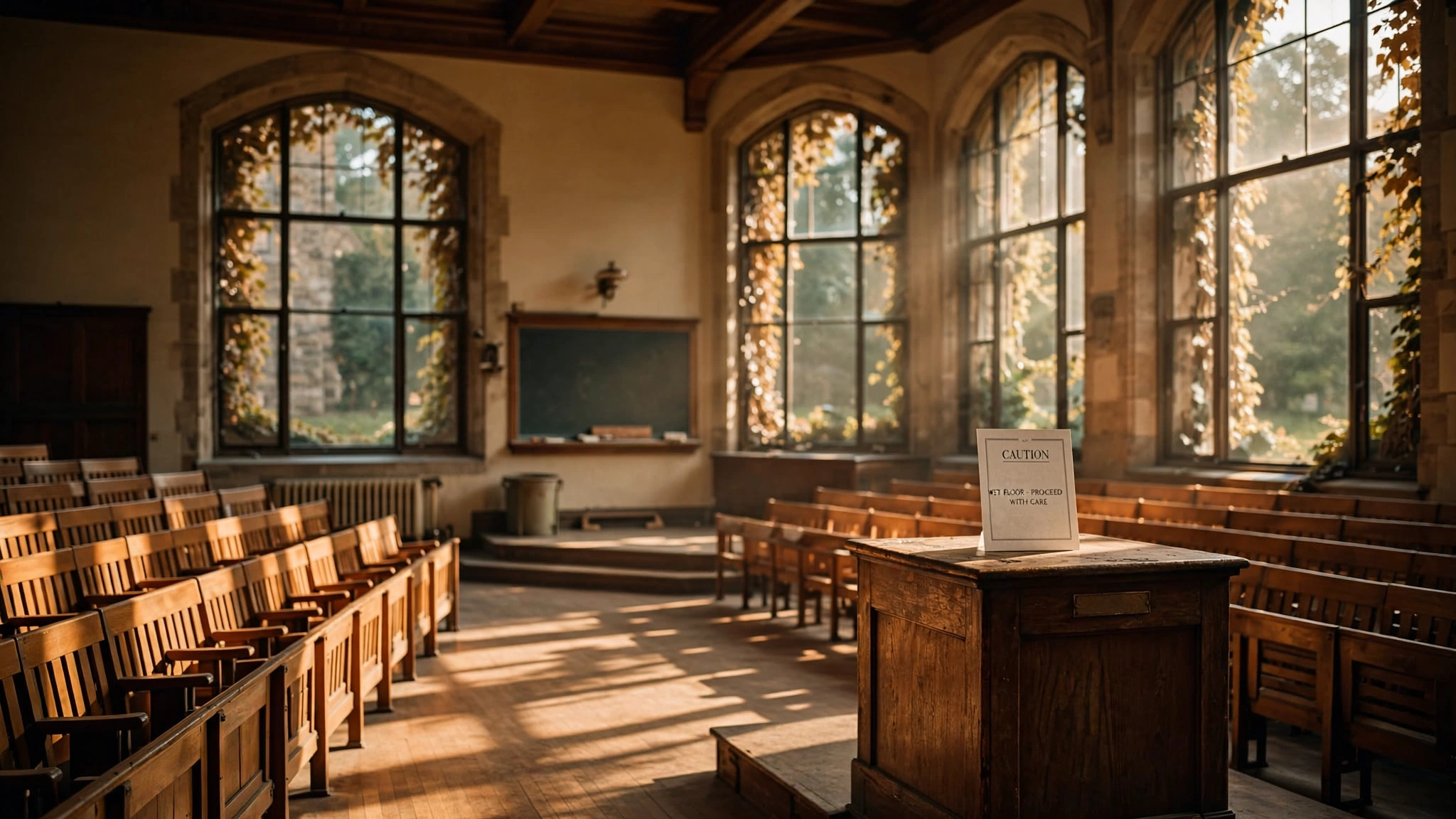 An empty university lecture hall bathed in warm afternoon light streaming through tall windows